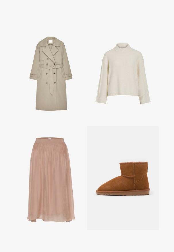 Beige trenchcoat gemaakt van een gestructureerde stof, met een dubbelzijdige voorkant, brede revers, een riem en twee zijzakken.; Grofgebreide trui, crèmekleurig, hoge geribde halslijn, verzonken schoudernaden, brede geribde manchetten en zoom, getextureerd oppervlak.; Lichtroze, vloeiende rok van zachte stof met een elastische tailleband. Heeft een rechte snit en een iets langere achterzoom.; Bruine suède enkelboot met een ronde neus en zachte voering, voorzien van een platte rubberen zool en minimale stikdetails.