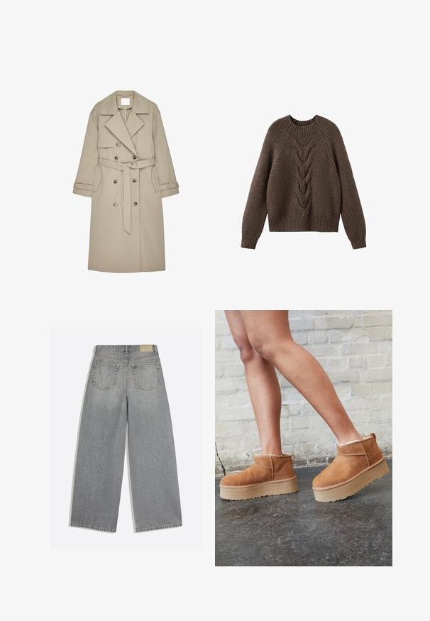 Beige trenchcoat gemaakt van een gestructureerde stof, met een dubbelzijdige voorkant, brede revers, een riem en twee zijzakken.; Bruin gebreid sweater met een ronde halslijn, lange mouwen en een kabelbrei ontwerp dat over de voorkant loopt. Geribbelde zoom en manchetten.; Grijze wijde denim jeans met achterkant met twee zakken en riemlussen plat op een witte achtergrond gelegd.; Bruine suède enkelboots met een zachte voering, dikke beige plateauzool en een achterste lus. Getextureerde oppervlakte met zichtbare stiksels.