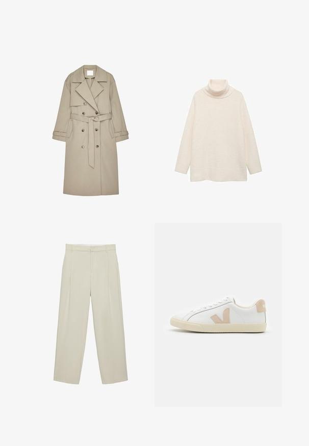 Beige trenchcoat lavet af et tekstureret stof, med en dobbeltradet front, brede revers, et bælte og to sidelommer.; Cremefarvet turtleneck sweater lavet af blødt, struktureret stof. Har lange ærmer og en løs, afslappet pasform. Enkel design uden mønstre.; Beige højtaljede skræddersyede bukser med sidelommer, bæltestropper og lynlås foran, i en rette bukseben pasform.; Hvide lædersneakers med beige suede-detaljer, rund tå, flad gummisål og snøredesign. Har et logo på hælen.