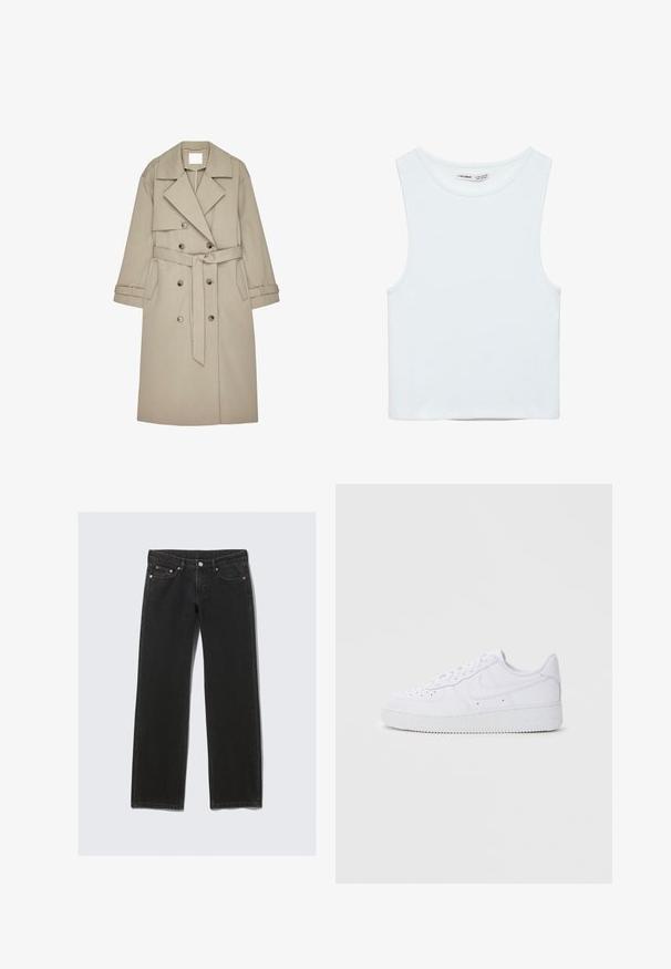 Beige trenchcoat lavet af et tekstureret stof, med en dobbeltradet front, brede revers, et bælte og to sidelommer.; Hvid ærmeløs crop top med rund halsudskæring, lavet af glat stof, mærket Pull&Bear, egnet til afslappet brug.; Sorte straight-leg denim jeans med fem lommer, knaplukning og bæltestropper, vist fladt på en lys baggrund.; Hvide Nike Air Force 1 sneakers med læderoverdel, rund tå, snørelukning, polstret krave og struktureret gummisål.