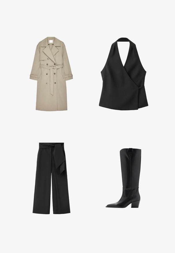 Beige trenchcoat gemaakt van een gestructureerde stof, met een dubbelzijdige voorkant, brede revers, een riem en twee zijzakken.; Zwarte mouwloze overslagtop met halternek en zijstrikdetail op een witte achtergrond.; Zwarte broek met wijde pijpen en hoge taille, met een grote stoffen riem aan de voorkant rechts in een knoop geknoopt.; Hoge zwarte leren laars met puntige neus en middelhoog schuin hakje, met een trekbandje bovenaan de schacht.