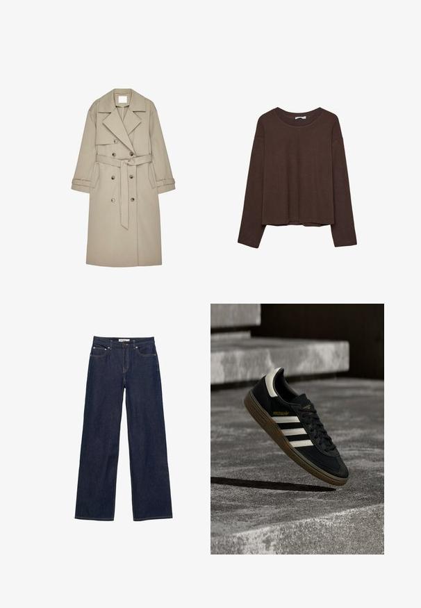 Beige Trenchcoat aus einem strukturierten Stoff, mit doppelt geknöpftem Front, breiten Revers, einem Gürtel und zwei seitlichen Taschen.; Brauner Pullover mit lockerer Passform, geripptem Kragen und langen Ärmeln. Glatte Textur mit abgerundetem Saum und ohne sichtbare Muster oder Akzente.; Dunkelblaue Jeans mit geradem Bein, Vordertaschen, Gürtelschlaufen, Knopfverschluss und sichtbaren Kontrastnähten.; Schwarzer Adidas-Sneaker mit weißen Streifen und Gummisohle schwebt über grauen Betonstufen im natürlichen Licht.