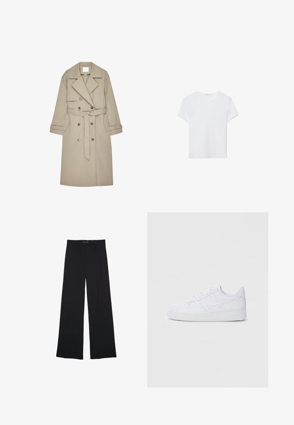 Beige Trenchcoat aus einem strukturierten Stoff, mit doppelt geknöpftem Front, breiten Revers, einem Gürtel und zwei seitlichen Taschen.; Weißes kurzärmliges T-Shirt aus weichem Stoff. Hat einen runden Halsausschnitt und ein einfaches, sauberes Design mit geradem Saum.; Schwarze Hosen mit weitem Bein, Gürtelschlaufen, vorderer Knopfleiste und Reißverschluss, flach auf einem weißen Hintergrund liegend.; Weiße Nike Air Force 1 Sneaker mit Obermaterial aus Leder, runder Zehenpartie, schnürbarer Verschluss, gepolsterter Kragen und strukturiertem Gummisohle.