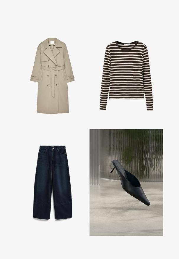 Beige Trenchcoat aus einem strukturierten Stoff, mit doppelt geknöpftem Front, breiten Revers, einem Gürtel und zwei seitlichen Taschen.; Schwarzes Langarmshirt mit weißen horizontalen Streifen und rundem Ausschnitt, flach auf weißem Hintergrund liegend.; Weit geschnittene dunkelblaue Denim-Jeans mit großen Knieschonern, Vordertaschen und Gürtelschlaufen, flach auf weißem Hintergrund ausgelegt.; Schwarzer spitzer Mule-Schuh mit dünnem hohen Absatz, der über einem glatten Betonboden schwebt, mit einem unscharfen vertikal gestreiften Hintergrund.