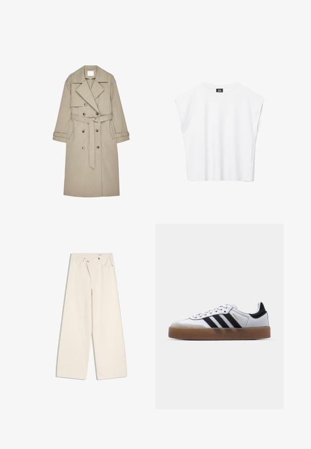 Beige Trenchcoat aus einem strukturierten Stoff, mit doppelt geknöpftem Front, breiten Revers, einem Gürtel und zwei seitlichen Taschen.; Weißes ärmelloses Crop-Top mit Rundhalsausschnitt, breiten Schultern und schwarzem "B6"-Etikett an der Innenseite des Kragens.; Off-White weite Hosen mit Vordertaschen, Gürtelschlaufen und silbernen Knöpfen an Bund und Taschenrändern.; Weiße Leder Sneakers mit schwarzen Streifen, Gummigummi-Außensohle, runder Zehenform, Schnürverschluss und weichem grauem Wildleder-Zehenkappe.