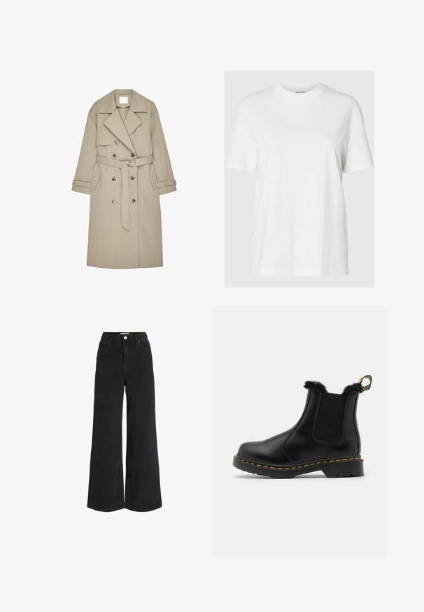 Beige Trenchcoat aus einem strukturierten Stoff, mit doppelt geknöpftem Front, breiten Revers, einem Gürtel und zwei seitlichen Taschen.; Weißes Baumwoll-T-Shirt mit kurzen Ärmeln und rundem Ausschnitt. Hat eine lockere Passform und ein minimales Design ohne Muster oder Akzente.; Weite schwarze Jeans aus Denim mit Fünf-Taschen-Design, hoher Taille und Knopfverschluss. Verfügt über dezente Nähte und eine saubere Verarbeitung.; Schwarze Leder Stiefeletten mit strukturierten elastischen Seitenpanelen, einem Fellbesatz an der Oberkante, gelben Nähten und einer robusten Gummisohle.
