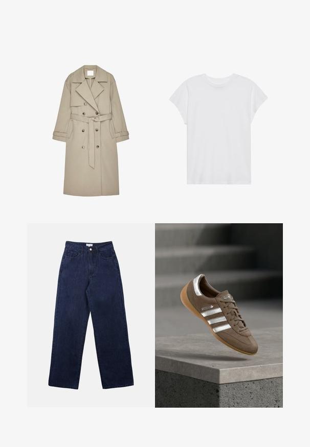 Beige Trenchcoat aus einem strukturierten Stoff, mit doppelt geknöpftem Front, breiten Revers, einem Gürtel und zwei seitlichen Taschen.; Weißes kurzärmliges T-Shirt mit Rundhalsausschnitt, lockerer Passform, aus weichem Baumwollstoff. Glatte Textur, keine Muster oder Logos.; Dunkelblaue Denim-Hosen mit geradem Bein, ausgestattet mit einem Frontknopfverschluss, Gürtelschlaufen und zwei vorderen Taschen.; Brauner Wildledersneaker mit weißen Streifen und silbernen Akzenten, mit strukturierter Oberseite, Schnürdesign und Sohle aus Kautschuk in Kaugummifarben.