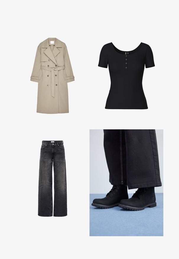 Gabardina beige hecha de un tejido texturizado, con un frente de doble botonadura, amplios solapas, un cinturón y dos bolsillos laterales.; Top negro de manga corta con canalé y escote redondeado, con una tapeta de cinco botones. Presenta una forma ajustada y una textura suave.; Vaqueros negros de pierna ancha con botón frontal, trabillas para cinturón y diseño de cinco bolsillos, con detalles de ligero desgaste.; Botas negras hasta el tobillo con un acabado suave y mate; diseño de cordones; suela resistente con surcos profundos; combinadas con pantalones oscuros de pierna ancha.