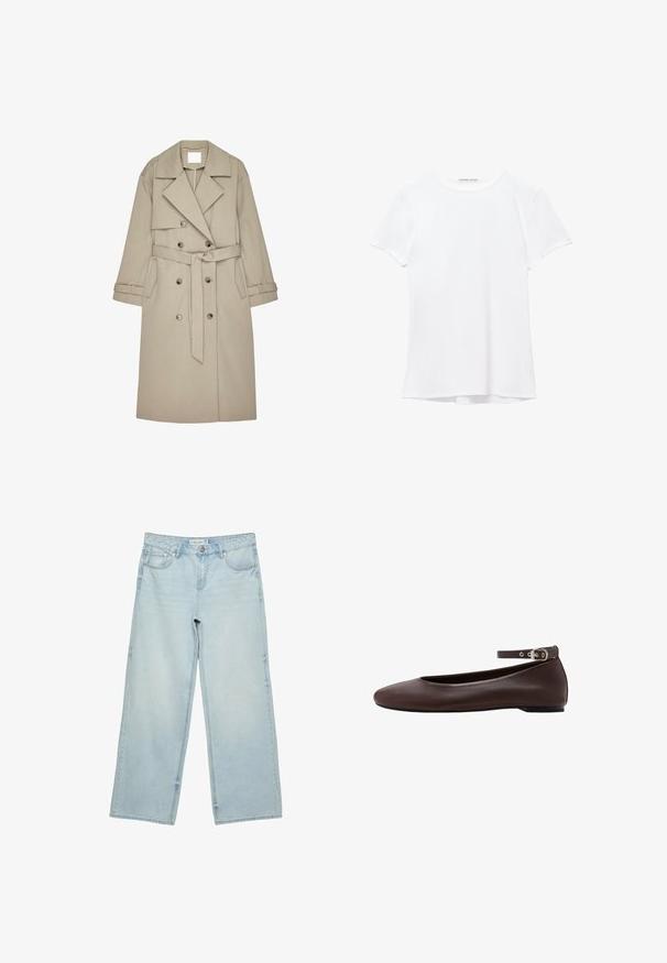 Beige Trenchcoat aus einem strukturierten Stoff, mit doppelt geknöpftem Front, breiten Revers, einem Gürtel und zwei seitlichen Taschen.; Weißes T-Shirt mit kurzen Ärmeln aus glatter Stoffqualität, mit rundem Ausschnitt und dezenten Nähten am Saum.; Hellblaue Jeans mit weitem Bein, Fronttaschen, Gürtelschlaufen und Knopfverschluss, flach auf weißem Hintergrund liegend.; Dunkelbrauner flacher Schuh mit abgerundeter Spitze und verstellbarem Knöchelriemen mit silberner Schnalle auf weißem Hintergrund.
