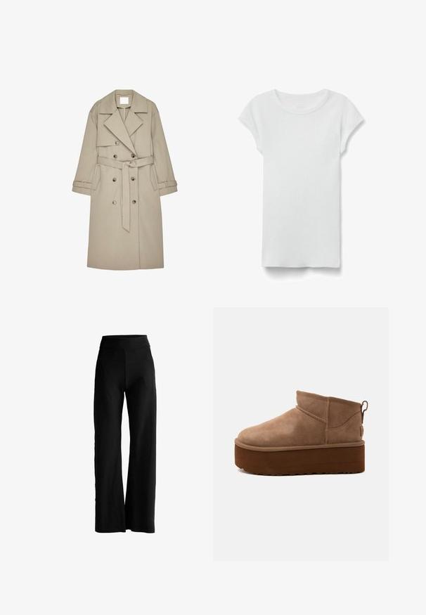 Gabardina beige hecha de un tejido texturizado, con un frente de doble botonadura, amplios solapas, un cinturón y dos bolsillos laterales.; Camiseta blanca de manga corta con cuello redondo acanalado, colocada en plano sobre fondo blanco, mostrando el lado frontal y un estilo casual sencillo.; Pantalones negros de pierna ancha con una cintura alta, sin bolsillos visibles ni adornos, exhibidos sobre un fondo blanco.; Botín marrón de ante de altura media, tipo slip-on, con suela gruesa de plataforma y lengüeta en la parte trasera, sobre fondo claro.