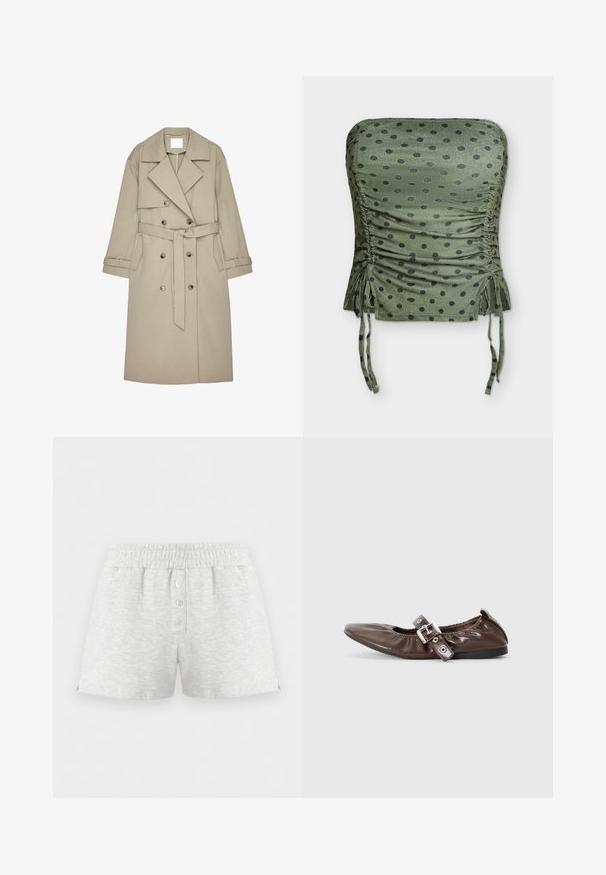 Gabardina beige hecha de un tejido texturizado, con un frente de doble botonadura, amplios solapas, un cinturón y dos bolsillos laterales.; Top corto verde oliva sin tirantes con lunares negros, laterales fruncidos y cordones ajustables en el dobladillo.; Pantalones cortos de algodón gris claro con cintura elástica y tres botones blancos en el centro frontal, mostrados sobre un fondo blanco.; Zapato plano de charol marrón con puntera puntiaguda, detalle de lazo elástico y un acento de hebilla plateada en el costado. Suela de goma negra.
