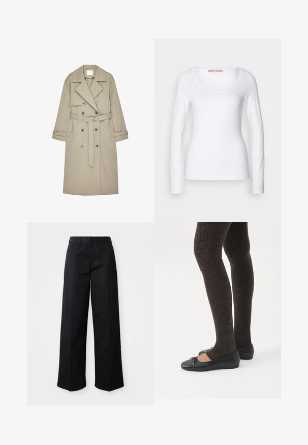 Gabardina beige hecha de un tejido texturizado, con un frente de doble botonadura, amplios solapas, un cinturón y dos bolsillos laterales.; Camiseta de algodón blanca de manga larga con escote redondeado y un diseño ajustado, de textura suave y sin adornos.; Pantalones de pierna ancha negros, hechos de suave tejido de algodón. Presentan una cinturilla clásica, bolsillos laterales y un corte recto hasta el dobladillo.; Piernas con leggings oscuros acanalados combinados con bailarinas negras que presentan pequeños detalles de lazo sobre un fondo blanco.