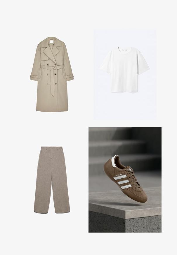Gabardina beige hecha de un tejido texturizado, con un frente de doble botonadura, amplios solapas, un cinturón y dos bolsillos laterales.; Camiseta blanca de manga corta con cuello redondo y dobladillo recto, con etiqueta de la marca "WEEKDAY" dentro del escote.; Pantalones anchos de lino beige con trabillas para cinturón y cremallera frontal, frente liso, mostrados sobre fondo blanco.; Zapatilla Adidas Spezial de ante marrón con rayas y cordones blancos, flotando sobre un borde de concreto gris con un fondo de escaleras desenfocado.