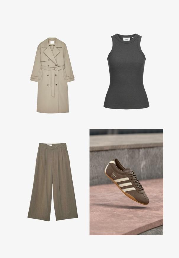 Beige Trenchcoat aus einem strukturierten Stoff, mit doppelt geknöpftem Front, breiten Revers, einem Gürtel und zwei seitlichen Taschen.; Dunkelgraues ärmelloses, geripptes Tanktop mit rundem Ausschnitt und figurbetonter Silhouette, Größe S.; Weit geschnittene, hoch taillierte Hose in Taupe mit vorderen Falten, Seitentaschen, Gürtelschlaufen und einem verdeckten Reißverschluss vorne.; Brauner Wildledersneaker mit weißen Streifen und Branding, ausgestattet mit einer abgerundeten Zehenpartie und einer Gummisohle, schwebt über einer strukturierten Oberfläche.