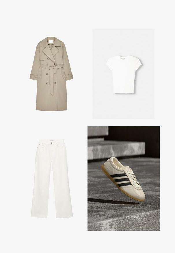 Beige trenchcoat lavet af et tekstureret stof, med en dobbeltradet front, brede revers, et bælte og to sidelommer.; Hvid kortærmet t-shirt lavet af blød bomuld, med rund halsudskæring og en tætsiddende form. Ingen synlige mønstre eller udsmykninger.; Hvide denim-bukser med vide ben, forlommer, bæltestropper, knaplukning og rå kanter nederst.; Hvid sneaker med sorte striber og gummisål svæver over betontrapper i blødt dagslys.
