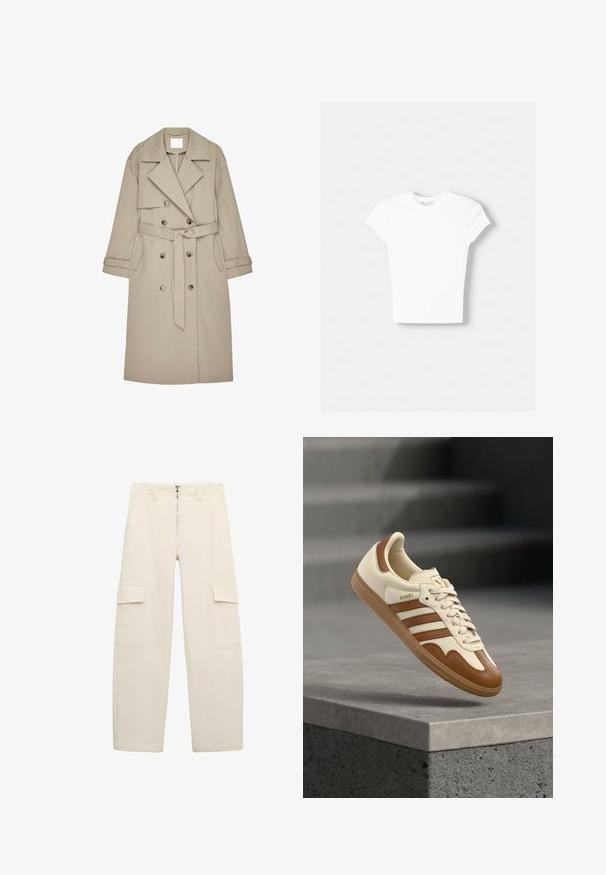 Beige Trenchcoat aus einem strukturierten Stoff, mit doppelt geknöpftem Front, breiten Revers, einem Gürtel und zwei seitlichen Taschen.; Weißes kurzärmliges T-Shirt aus weicher Baumwolle, mit Rundhalsausschnitt und figurbetonter Form. Keine sichtbaren Muster oder Verzierungen.; Cremefarbene Cargo-Hosen mit vorderem Reißverschluss, Gürtelschlaufen und Klappentaschen an beiden Oberschenkeln.; Klassischer Sneaker mit cremefarbenem Lederobermaterial, braunen Akzenten, drei Streifen und einer strukturierten Gummisohle. Verfügt über eine abgerundete Spitze und eine Schnürverschluss.