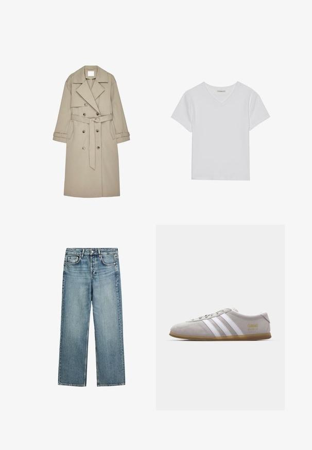 Beige Trenchcoat aus einem strukturierten Stoff, mit doppelt geknöpftem Front, breiten Revers, einem Gürtel und zwei seitlichen Taschen.; Weißes kurzärmliges V-Ausschnitt-T-Shirt aus Rippstoff. Es zeichnet sich durch ein sauberes Design mit geradem Saum und minimalen Details aus.; Blaue Jeans aus Denim mit geradem Bein, Knopf- und Reißverschluss sowie klassischem Fünf-Taschen-Design.; Graue Wildleder-Sneaker mit weißen Lederstreifen und goldenen Logodetails. Flache Gummisohle, abgerundete Zehenpartie und klassisches Schnürverschlussdesign.