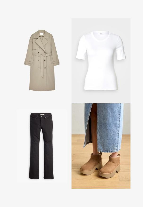 Gabardina beige hecha de un tejido texturizado, con un frente de doble botonadura, amplios solapas, un cinturón y dos bolsillos laterales.; Camiseta blanca de manga corta hecha de algodón liso, con escote redondo y forma ajustada. Diseño clásico, sin estampados ni adornos.; Jeans negros de mezclilla, con un diseño de pierna recta, cintura standard, cinco bolsillos y detalles de costura sutiles.; Botas de tobillo de ante marrón con una gruesa suela de plataforma beige. Presentan una punta redonda, un puño corto y un forro suave para mayor comodidad.