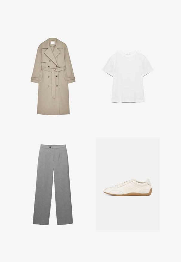 Beige trenchcoat gemaakt van een gestructureerde stof, met een dubbelzijdige voorkant, brede revers, een riem en twee zijzakken.; Effen wit T-shirt met korte mouwen en ronde hals, met een rechte zoom, gepresenteerd tegen een witte achtergrond.; Grijze op maat gemaakte broek met een brede pijp, platte voorkant en subtiele textuur. Bevat een enkele knoopsluiting en strakke lijnen.; Witte leren sneaker met een gladde textuur, ronde neus en tonale stiksels. Voorzien van een tankleurige rubberen zool en vetersluiting.