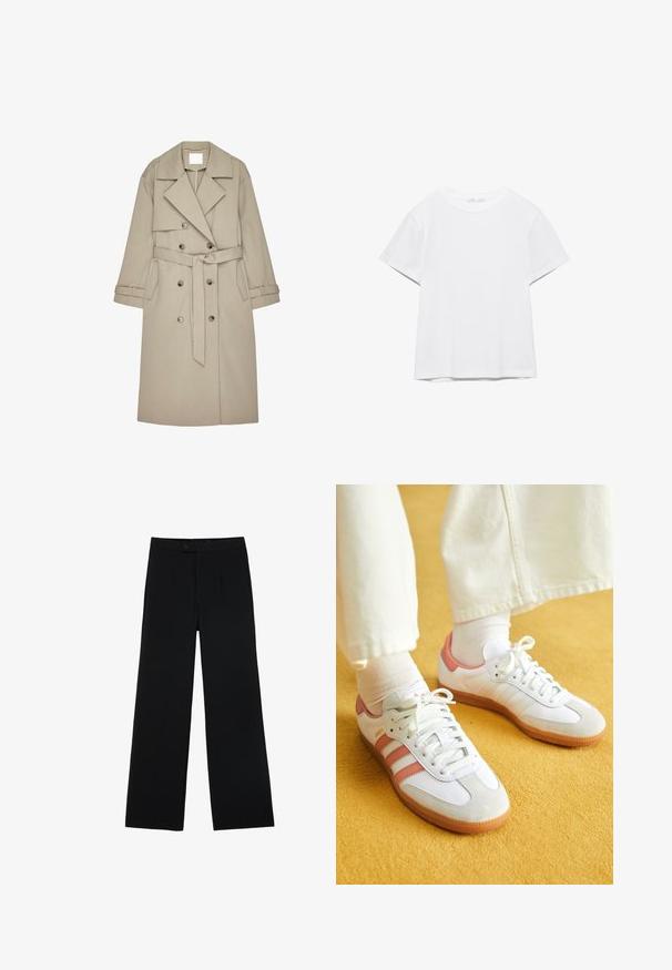 Beige Trenchcoat aus einem strukturierten Stoff, mit doppelt geknöpftem Front, breiten Revers, einem Gürtel und zwei seitlichen Taschen.; Unifarbenes weißes T-Shirt mit kurzen Ärmeln und Rundhalsausschnitt, gerader Saum, dargestellt auf weißem Hintergrund.; Schwarze weit geschnittene Hosen aus glattem Stoff, mit einem Frontknopfverschluss und zwei Falten für zusätzliche Details. Maßgeschneiderter Gesamteindruck.; Weiße Sportschuhe mit pinken Akzenten, aus Wildleder und Leder, runde Zehenform und Gummisohle, dargestellt mit hellen Socken vor einem gelben Hintergrund.