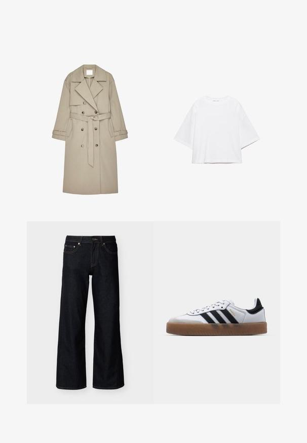 Beige Trenchcoat aus einem strukturierten Stoff, mit doppelt geknöpftem Front, breiten Revers, einem Gürtel und zwei seitlichen Taschen.; Weißes, kurzärmeliges, kastiges T-Shirt aus weicher Baumwolle. Es verfügt über einen Rundhalsausschnitt und breite Ärmel mit einem klaren, schlichten Design.; Dunkelblaue Jeans mit weitem Bein, vorne mit Knopf, Reißverschluss und Fünf-Taschen-Stil auf hellem einfarbigem Hintergrund.; Weiße Leder Sneakers mit schwarzen Streifen, Gummigummi-Außensohle, runder Zehenform, Schnürverschluss und weichem grauem Wildleder-Zehenkappe.