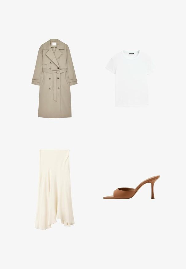 Beige trenchcoat lavet af et tekstureret stof, med en dobbeltradet front, brede revers, et bælte og to sidelommer.; Hvid t-shirt med korte ærmer og rund halsudskæring, lagt fladt på en hvid baggrund.; Fløjlsfarvet flydende midinederdel med asymmetrisk kant og blød stofdrapering.; Brun læder mule med åben tå, slank høj hæl og bred rem over fronten, vist i profil mod en hvid baggrund.