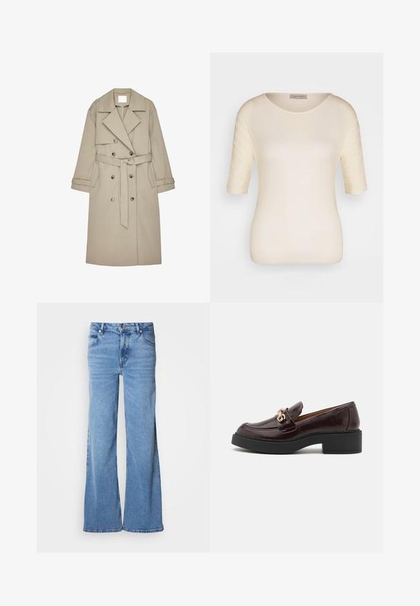 Beige Trenchcoat aus einem strukturierten Stoff, mit doppelt geknöpftem Front, breiten Revers, einem Gürtel und zwei seitlichen Taschen.; Cremfarbener kurzärmliger Oberteil aus weichem Stoff mit rundem Ausschnitt und subtiler Textur an den Ärmeln. Etikett am Ausschnitt sichtbar.; Hellblaue Jeans mit weitem Bein aus Denim. Mit klassischem Fünf-Taschen-Design und sichtbarem Knopfverschluss. Weiche Textur und schlichter Abschluss.; Braune Lederloafers mit einer goldenen Akzent-Schnalle, schwarzem Blockabsatz und einer glatten Oberfläche. Die Seitenansicht zeigt die abgerundete Zehenform und die genähten Details.