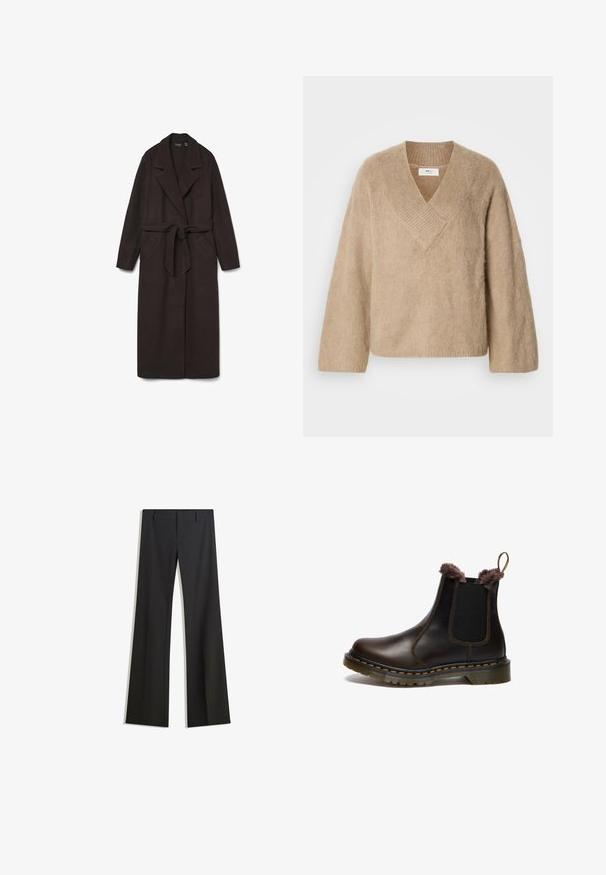 Mørkebrun uldfrakke med en lang silhuet, store revers, et bælte i taljen og to forlommer. Fremstillet af blødt, struktureret stof.; Beige fuzzy striktrøje med bred V-hals og lange ærmer, præsenteret på en hvid baggrund.; Sorte, flarede bukser med en glat tekstur, der har en skræddersyet pasform og en talje. Ingen synlige mønstre eller udsmykninger.; Brune læder Chelsea støvle med elastiske sidepaneler, kunstigt pelskant, gul syning og en rillet gummisål.