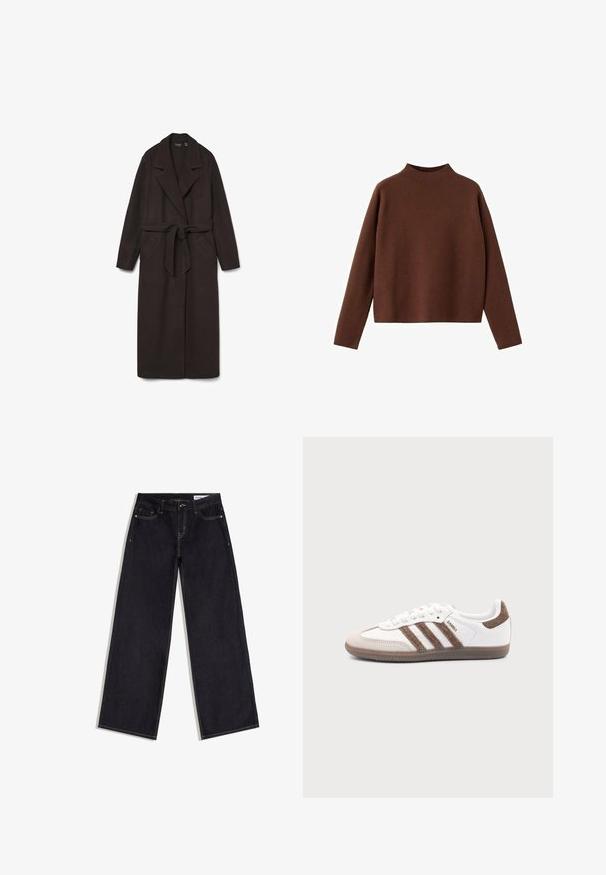 Mørkebrun uldfrakke med en lang silhuet, store revers, et bælte i taljen og to forlommer. Fremstillet af blødt, struktureret stof.; Kastanjebrun, langærmet sweater med en høj halsudskæring. Fremstillet af et blødt, tekstureret stof. Har en afslappet, kasseformet silhuet og et minimalistisk design.; Mørkeblå jeans med vide ben, forlommer, bæltestropper og kontrastsyninger, lagt fladt på en hvid baggrund.; Hvid Adidas Samba sneaker med brune ruskindstriber, brun gummisål og beige ruskindståhætte, vist fra ydersiden på en ensfarvet baggrund.