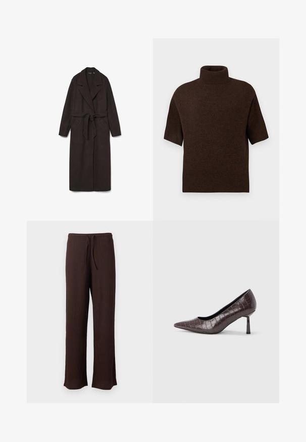 Mørkebrun uldfrakke med en lang silhuet, store revers, et bælte i taljen og to forlommer. Fremstillet af blødt, struktureret stof.; Brun kortærmet turtleneck sweater lavet af blødt strikstof; har en ribbet krave og kant, hvilket giver en afslappet pasform.; Mørkebrune teksturerede vidde bukser med elastisk talje og snøre, vist mod en ensfarvet lys baggrund.; Brune kunstlæder stiletter med spidse tæer og krokodilletekstur, der har en slank, vinklet hæl og en glat inderside.
