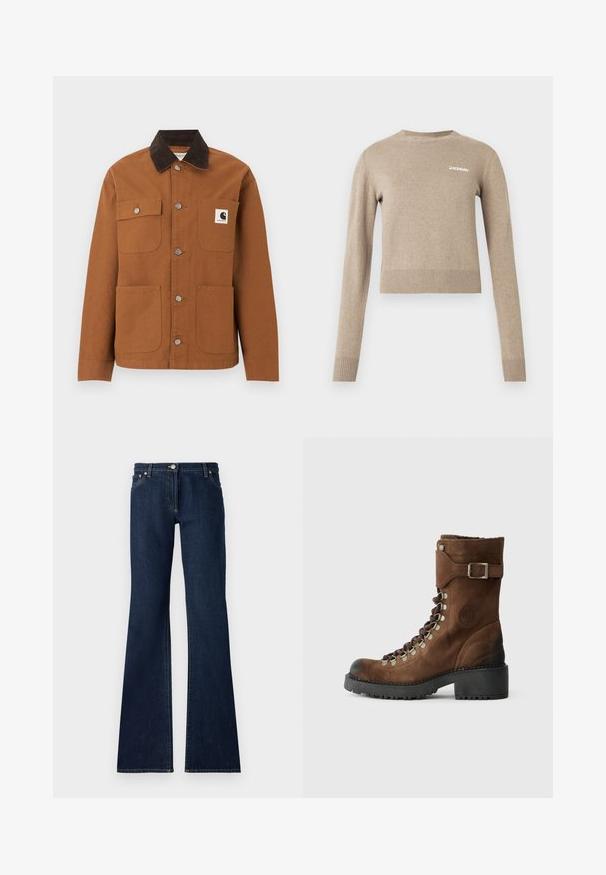 Καφέ μπουφάν Carhartt με μαύρο γιακά από κορδόνι, τέσσερις τσέπες μπροστά, εκ των οποίων η μία με λογότυπο, και μεταλλικά κουμπιά σούστες μπροστά.; Μπεζ πλεκτό πουλόβερ με μακριά μανίκια, στρογγυλή λαιμόκοψη, ριμπ μανσέτες και τελείωμα, με μικρό λευκό λογότυπο κειμένου στο μπροστινό μέρος.; Σκούρο μπλε φαρδύ τζιν παντελόνι από τζιν, με πέντε τσέπες, θηλάκια για ζώνη και αντίθετο κίτρινο ράψιμο στις ραφές.; Καφέ σουέτ μποτίνι με στρογγυλή μύτη, κορδόνια μπροστά, μεταλλικά κρίκους, λουρί στον αστράγαλο με αγκράφα και υφασμάτινη αντιολισθητική σόλα.