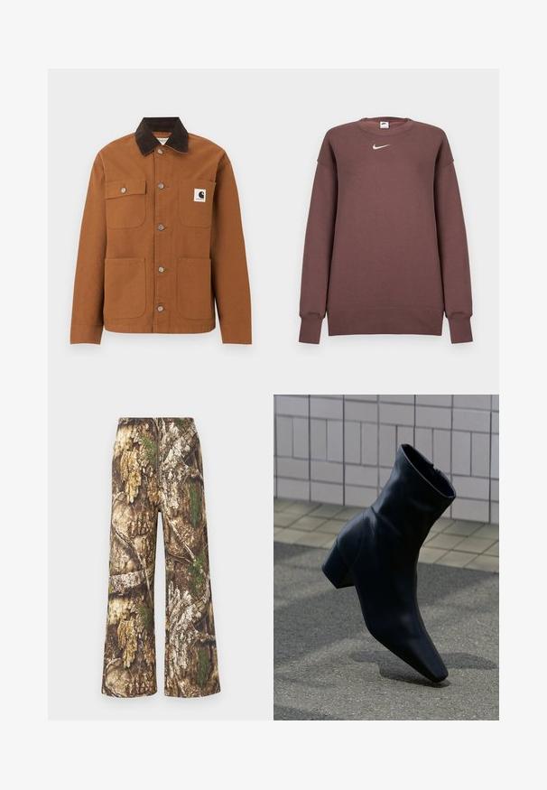Καφέ μπουφάν Carhartt με μαύρο γιακά από κορδόνι, τέσσερις τσέπες μπροστά, εκ των οποίων η μία με λογότυπο, και μεταλλικά κουμπιά σούστες μπροστά.; Καφέ φούτερ Nike από μαλακό ύφασμα, με στρογγυλή λαιμόκοψη και μακριά μανίκια. Περιλαμβάνει μικρό λευκό λογότυπο στο στήθος.; Παντελόνι καμουφλάζ με φαρδιά γραμμή. Διαθέτει έναν συνδυασμό γήινων καφέ, πράσινων και υφασμάτων με υφή που μοιάζει με φλοιό δέντρου και φυλλωσιά.; Μαύρο δερμάτινο μποτάκι αστραγάλου με χοντρό τακούνι που στέκεται πάνω σε υφήφη επιφάνεια από άσφαλτο κοντά σε πλακιδωμένο τοίχο.