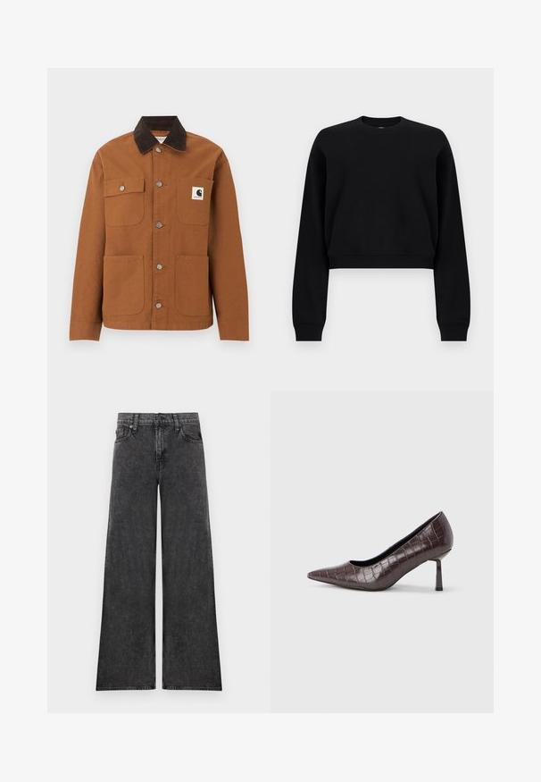 Καφέ μπουφάν Carhartt με μαύρο γιακά από κορδόνι, τέσσερις τσέπες μπροστά, εκ των οποίων η μία με λογότυπο, και μεταλλικά κουμπιά σούστες μπροστά.; Μαύρο μακρυμάνικο cropped φούτερ με ριμπ λαιμόκοψη, μανσέτες και τελείωμα, παρουσιάζεται σε απλό ανοιχτό γκρι φόντο.; Μαύρο τζιν παντελόνι με φαρδιά μπατζάκια, πέντε τσέπες και κλείσιμο με κουμπί, εμφανίζεται επίπεδο σε λευκό φόντο.; Τακούνια καφέ τεχνητού δέρματος με μυτερή μύτη και υφή κροκοδείλου, με λεπτό, γωνιώδες τακούνι και απαλό εσωτερικό επένδυση.