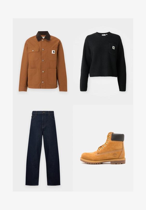 Καφέ μπουφάν Carhartt με μαύρο γιακά από κορδόνι, τέσσερις τσέπες μπροστά, εκ των οποίων η μία με λογότυπο, και μεταλλικά κουμπιά σούστες μπροστά.; Μαύρο πλεχτό πουλόβερ με ραβδώσεις, στρογγυλή λαιμόκοψη, μακρύ μανίκι και μπροστινή τσέπη με μικρή ετικέτα λογότυπου. Κοντή ίσια εφαρμογή.; Σκούρο μπλε τζιν παντελόνι με ψηλή μέση και ίσια γραμμή, κλείσιμο με κουμπί, μπροστινές τσέπες και ορατές κίτρινες ραφές σε λευκό φόντο.; Καφέ δερμάτινο μποτάκι με μαύρη επένδυση, χρυσές οπές και υφή σόλας. Διαθέτει κυκλικό λογότυπο στο πλάι και ραφές ως διακοσμητικά στοιχεία.