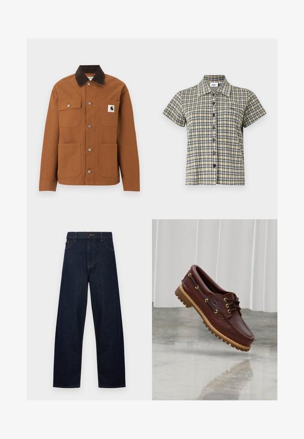 Καφέ μπουφάν Carhartt με μαύρο γιακά από κορδόνι, τέσσερις τσέπες μπροστά, εκ των οποίων η μία με λογότυπο, και μεταλλικά κουμπιά σούστες μπροστά.; Πουκάμισο με κοντό μανίκι και κουμπιά, με καρό μοτίβο σε κίτρινο, μαύρο και άσπρο, με γιακά, απεικονισμένο σε απλό φόντο.; Σκούρο μπλε τζιν παντελόνι με ψηλή μέση και ίσια γραμμή, κλείσιμο με κουμπί, μπροστινές τσέπες και ορατές κίτρινες ραφές σε λευκό φόντο.; Σκούρο καφέ δερμάτινο παπούτσι τύπου boat με ταμπά λαστιχένια σόλα με αυλακώσεις και μαύρα κορδόνια, εμφανίζεται να αιωρείται πάνω από γυαλισμένο δάπεδο και λευκό φόντο.