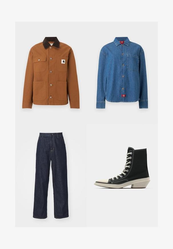 Καφέ μπουφάν Carhartt με μαύρο γιακά από κορδόνι, τέσσερις τσέπες μπροστά, εκ των οποίων η μία με λογότυπο, και μεταλλικά κουμπιά σούστες μπροστά.; Μπλε πουκάμισο από τζιν με μακριά μανίκια, κουμπιά μπροστά, μια τσέπη στο στήθος στην αριστερή πλευρά και μια κόκκινη ετικέτα με λογότυπο στο κάτω τελείωμα.; Σκουρόχρωμο μπλε τζιν παντελόνι σε ίσια γραμμή με θηλιές για ζώνη, μπροστινό κουμπί και πλάγιες τσέπες σε λευκό φόντο.; Μαύρο καμβά μποτάκι ψηλής κορυφής με λευκές σορτς, κρεμ κάλυμμα δακτύλου και χαρακτηριστική γωνιώδη κρεμ τακούνι. Ραμμένα στοιχεία σε λευκό χρώμα.