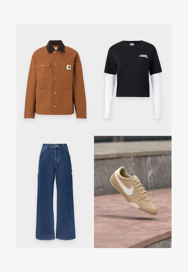 Καφέ μπουφάν Carhartt με μαύρο γιακά από κορδόνι, τέσσερις τσέπες μπροστά, εκ των οποίων η μία με λογότυπο, και μεταλλικά κουμπιά σούστες μπροστά.; Μαύρο κοντοκομμένο μπλουζάκι με άσπρα μακριά μανίκια και το λογότυπο "Dickies Workwear" στο αριστερό στήθος.; Τζιν παντελόνι από σκούρο μπλε denim με ψηλή μέση, φαρδύ παντελόνι, μπροστινές τσέπες, πλαϊνές τσέπες χρήσης και κούμπωμα με κουμπί και φερμουάρ.; Μπεζ αθλητικό παπούτσι Nike με λευκό σήμα και κορδόνια, σε ενδιάμεση θέση στον αέρα πάνω από επιφάνεια από μπετόν και σκαλοπάτια στο φόντο.