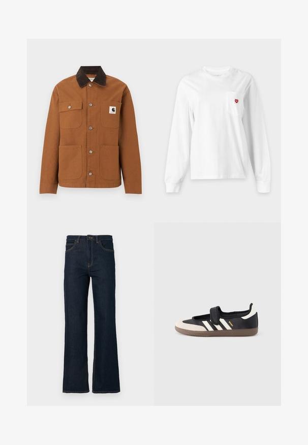Καφέ μπουφάν Carhartt με μαύρο γιακά από κορδόνι, τέσσερις τσέπες μπροστά, εκ των οποίων η μία με λογότυπο, και μεταλλικά κουμπιά σούστες μπροστά.; Άσπρο μακρυμάνικο πουκάμισο με στρογγυλή λαιμόκοψη και τσέπη στο στήθος με ένα μικρό κόκκινο λογότυπο σε σχήμα καρδιάς στη δεξιά πλευρά.; Σκούρο μπλε τζιν παντελόνι ίσιας γραμμής με εμπρός τσέπες, θηλιές ζώνης και κουμπί κλεισίματος στη μέση, σε λευκό φόντο.; Μαύρο και μπεζ αθλητικό παπούτσι με λουράκι βέλκρο, τρεις λευκές ρίγες στο πλάι και υφασμένη καφέ πατούσα από καουτσούκ. Ορατό το λογότυπο της μάρκας.