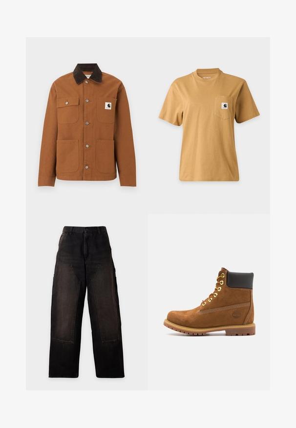 Καφέ μπουφάν Carhartt με μαύρο γιακά από κορδόνι, τέσσερις τσέπες μπροστά, εκ των οποίων η μία με λογότυπο, και μεταλλικά κουμπιά σούστες μπροστά.; Απλό καφέ κοντομάνικο μπλουζάκι με τσέπη στο στήθος που διαθέτει τετράγωνο λογότυπο της μάρκας, εμφανιζόμενο σε απλό ανοιχτό φόντο.; Μαύρο παντελόνι με φαρδιά μπατζάκια, μεγάλες μπροστινές τσέπες και θηλιές για ζώνη, εμφανιζόμενο σε απλό ανοιχτόχρωμο φόντο.; Καφέ σουέτ μποτάκι αστραγάλου με μαύρο μαλακό κολάρο, χρυσά οπές, κορδόνια μπροστά και λάστιχο σόλα με υφή.