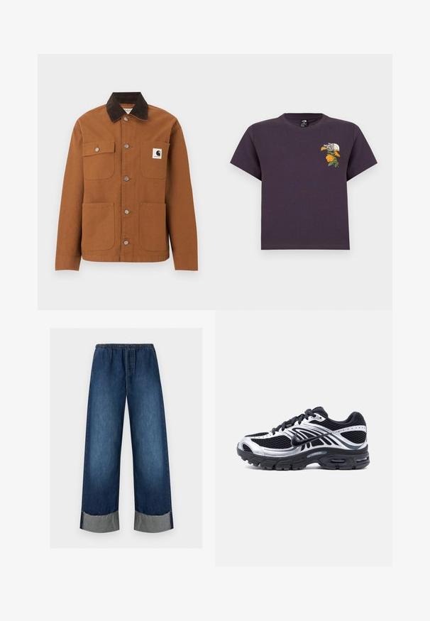 Καφέ μπουφάν Carhartt με μαύρο γιακά από κορδόνι, τέσσερις τσέπες μπροστά, εκ των οποίων η μία με λογότυπο, και μεταλλικά κουμπιά σούστες μπροστά.; Μωβ βαμβακερό T-shirt με στρογγυλή λαιμόκοψη, που φέρει κεντημένο λουλουδένιο σχέδιο και λογότυπο στην αριστερή πλευρά του στήθους. Κοντά μανίκια, άνετη εφαρμογή.; Τζιν παντελόνια σε σκούρο μπλε με φαρδιά μπατζάκια, ελαστική μέση, κορδόνι και γυρισμένες ξεφτισμένες άκρες.; Μαύρο και ασημί αθλητικό παπούτσι Nike για τρέξιμο με επάνω μέρος από δίχτυ, σόλα με αερόσακο και κορδόνια, εμφανιζόμενο από το πλάι σε λευκό φόντο.