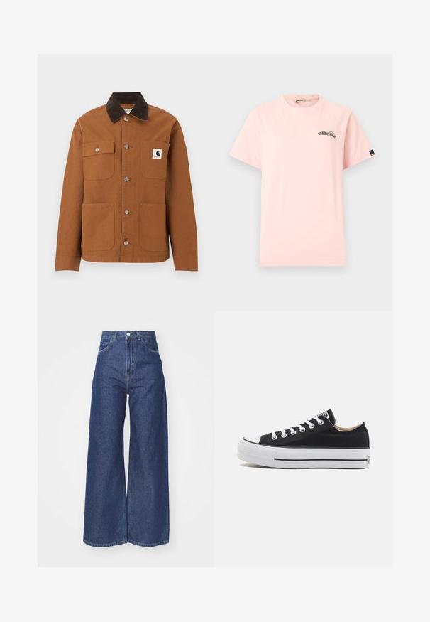 Καφέ μπουφάν Carhartt με μαύρο γιακά από κορδόνι, τέσσερις τσέπες μπροστά, εκ των οποίων η μία με λογότυπο, και μεταλλικά κουμπιά σούστες μπροστά.; Ανοιχτό ροζ κοντομάνικη μπλούζα με στρογγυλή λαιμόκοψη, μικρό μαύρο λογότυπο "ellesse" στο αριστερό στήθος και μαύρη ετικέτα με λογότυπο στο αριστερό μανίκι.; Φαρδιές τζιν παντελόνες από σκούρο μπλε τζιν. Υψηλή μέση με φερμουάρ και κουμπί. Διαθέτει κλασικό σχέδιο με πέντε τσέπες και ραμμένες άκρες.; Μαύρο καμβά χαμηλό sneaker με λευκή καουτσούκ σόλα, λευκά κορδόνια και μαύρη ρίγα κατά μήκος της σόλας, προβολή από το πλάι.