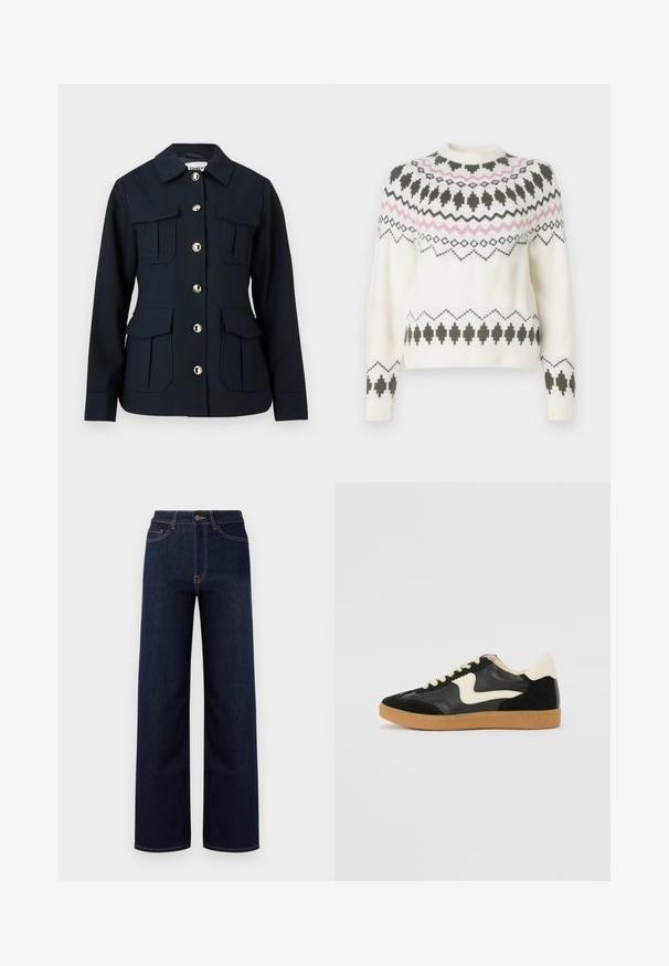 Veste bleu marine à manches longues, fermeture à boutons sur le devant, quatre grandes poches à rabat, et col classique.; Pull en tricot blanc avec des motifs géométriques noirs et roses sur la poitrine, les manches et l'ourlet, présentant un col rond et des poignets côtelés.; Jeans en denim bleu foncé à jambes larges, avec une taille haute, quatre poches et des coutures contrastantes le long des coutures.; Baskets en daim et cuir noir avec un swoosh latéral crème et un talon crème clair. Dotées de lacets beige et d'une semelle en caoutchouc gomme.
