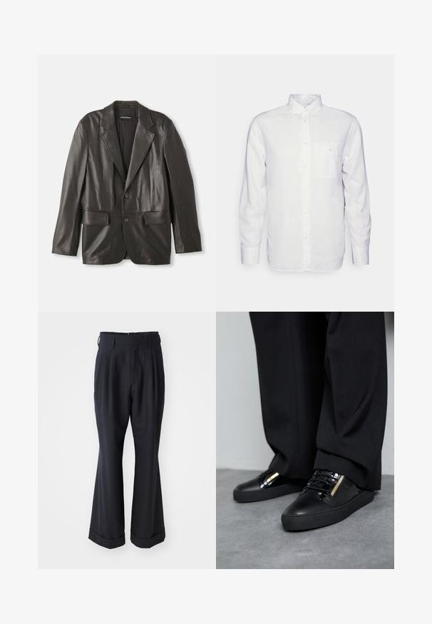 Zwarte leren blazer met notch-lapels, twee knopen en klepzakken, plat gelegd tegen een witte achtergrond.; Witte longsleeve shirt van katoen, met een button-down kraag, een voorzak en een regular fit. Textuurstof met een gladde oppervlakte.; Zwarte op maat gemaakte broek met een ontspannen pasvorm, geplooide voorkant en brede pijpen. Voorzien van een omgeslagen zoom en een soepele stoftextuur.; Zwarte leren sneakers met glanzende accenten, gestructureerde veters en een ritsdetail; gecombineerd met donkere, loszittende broek op een grijze vloer.