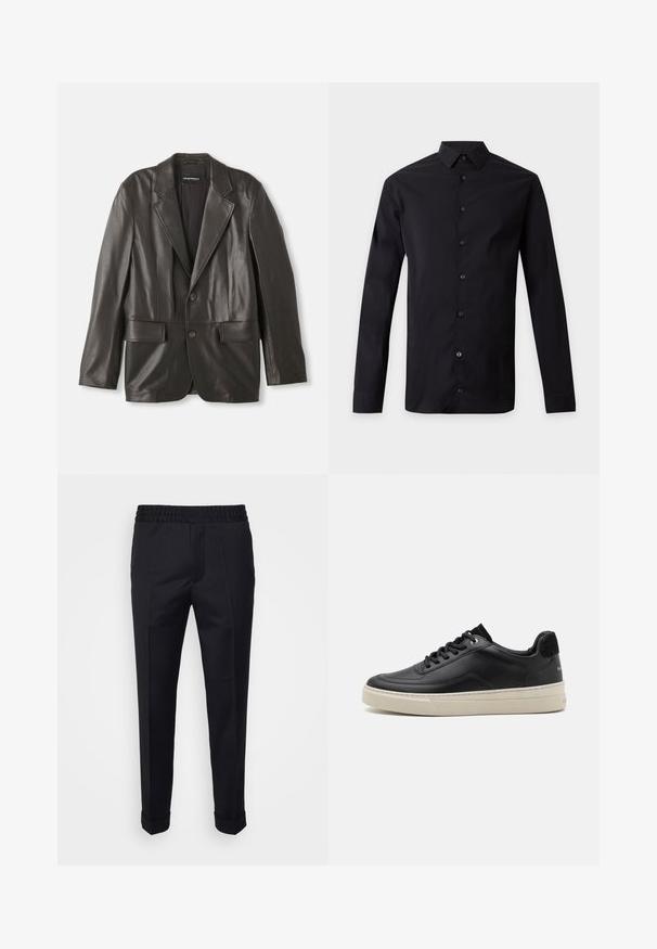 Sort læderblazer med klapkraver, to knapper og klaplommer, lagt fladt mod en hvid baggrund.; Sort langærmet skjorte med knapper og spids krave, vist fladt mod en lys grå baggrund.; Sorte bukser lavet af letvægtsstof, med elastisk talje, sidelommer og oprevne kant. Glat tekstur med frontvendinger.; Sort lædersneaker med lav profil, der har en cremefarvet gummisål, rund tå og snøre-design, akkompagneret af en hæl i sort ruskind.