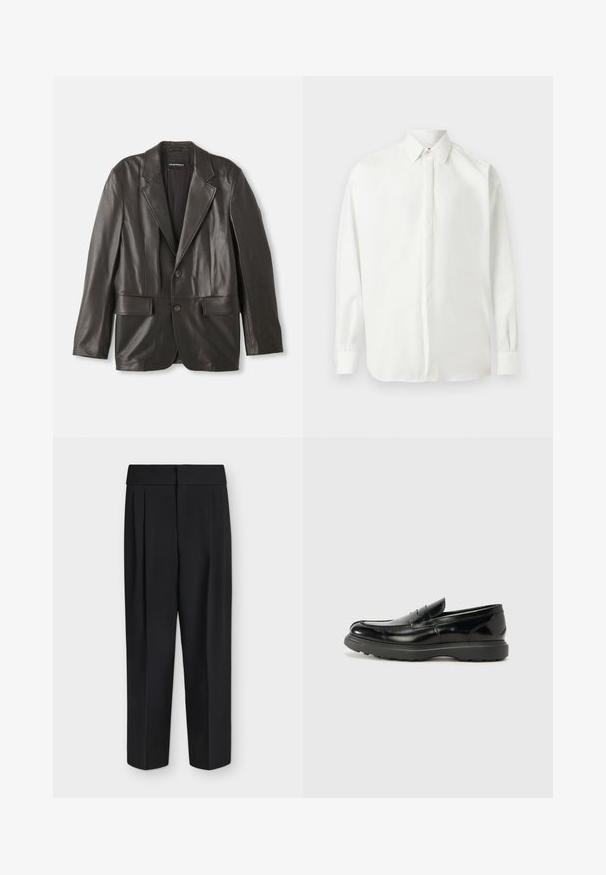 Blazer de cuero negro con solapas de notch, dos botones y bolsillos con solapa, colocado plano sobre un fondo blanco.; Camisa blanca de manga larga con botones, cuello puntiagudo y puños abotonados, exhibida plana sobre un fondo gris claro.; Pantalones negros de cintura alta y pernera recta con pliegues delanteros y una cinturilla ancha, mostrados planos sobre un fondo blanco.; Mocasín de cuero negro con un acabado brillante, punta redondeada, detalles de costura sutiles y una suela de goma gruesa para mayor durabilidad.