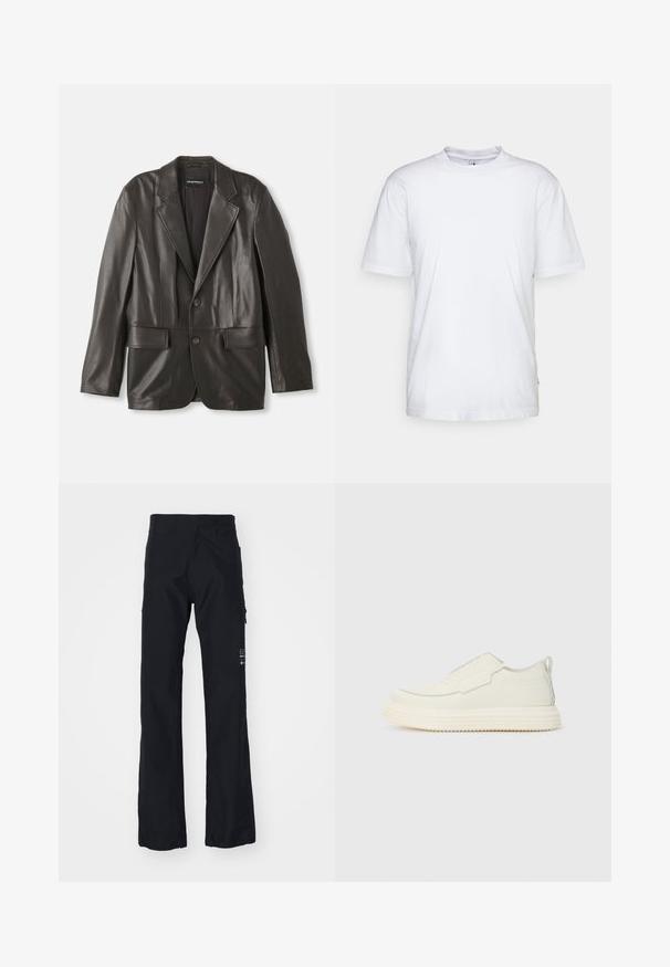Sort læderblazer med klapkraver, to knapper og klaplommer, lagt fladt mod en hvid baggrund.; Hvid bomulds t-shirt med rund hals, korte ærmer og lige kant. Har et lille mærke på den venstre sidesøm.; Sorte bukser lavet af et blødt, holdbart stof. Har lige ben, sidelommer og et logo på den nederste højre ben.; Slip-on sneaker i off-white tekstureret materiale med en tyk, rillet sål. Har minimale sømme og et subtilt lysblåt accent.