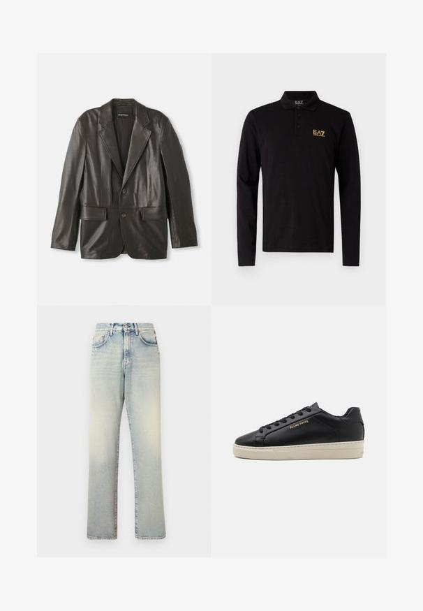 Zwarte leren blazer met notch-lapels, twee knopen en klepzakken, plat gelegd tegen een witte achtergrond.; Zwarte polo met lange mouwen van katoen, voorzien van een drieknoopsluiting en een contrasterend geel geborduurd logo op de borst.; Lichtblauwe spijkerbroek met een ontspannen pasvorm, rechte pijpen en een ontwerp met vijf zakken. Heeft een vervaagde uitstraling en metalen accenten.; Zwarte leren sneaker met een gladde afwerking, contrasterende crèmekleurige zool, ronde neus, gouden logo aan de zijkant en zes gaatjes voor veters.