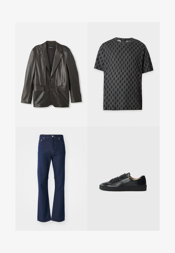 Zwarte leren blazer met notch-lapels, twee knopen en klepzakken, plat gelegd tegen een witte achtergrond.; Zwart T-shirt met korte mouwen met een overal terugkerend patroon van witte gestileerde letters en een ronde hals.; Flared donkerblauwe jeans gemaakt van denim. Beschikt over vijf zakken, een ritssluiting aan de voorkant en een metalen knoopsluiting. Klassieke stikselaccenten.; Zwarte leren sneaker met een gladde textuur, ronde neus en vetersluiting. Heeft een dikke rubberen zool en minimale merkaanpassing.