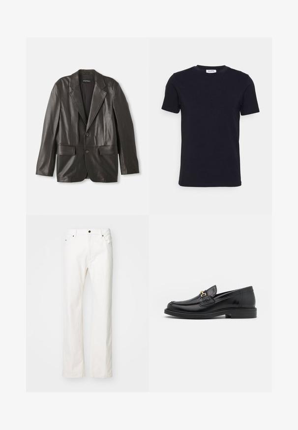 Zwarte leren blazer met notch-lapels, twee knopen en klepzakken, plat gelegd tegen een witte achtergrond.; Zwart T-shirt met korte mouwen en ronde hals, met een klein wit label aan de binnenkant van de halslijn.; Witte denim jeans met een rechte pijp ontwerp, voorzien van vijf zakken, een metalen knoopsluiting en minimale stikseldetails.; Zwarte leren instappers met een ronde neus, voorzien van een gouden hardware accent en stikdetails, geplaatst op een lage, getextureerde rubberen zool.