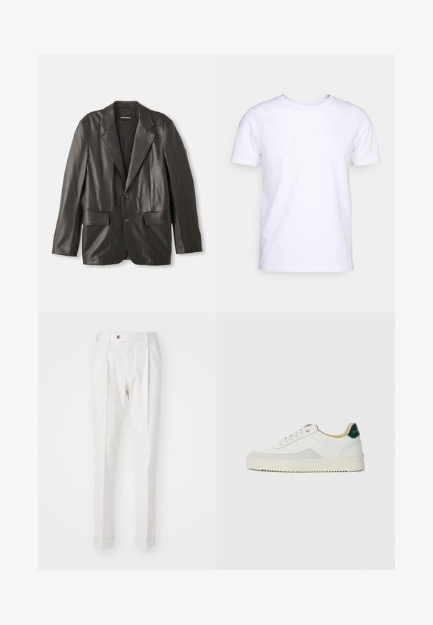 Blazer de cuero negro con solapas de notch, dos botones y bolsillos con solapa, colocado plano sobre un fondo blanco.; Camiseta blanca de manga corta en tejido de algodón con cuello redondo. Diseño simple sin patrones ni acentos. Textura suave.; Pantalones blancos, ajustados, con un frente plano, dos pliegues y puños enrollados. Hechos de una tela suave con un cierre de botón en la cintura.; Zapatilla blanca con acentos de ante, puntera redondeada, cordones planos y suela de goma color crema. Presenta un logo verde en el talón.